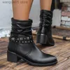 Boots Decor Pleated Cowboy Boots Women 2023 Autumn Pu Leather Chunky Heels Western Boots Woman Pointed Toe Black Ankel Booties T230817