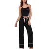 Sleepwear feminino Set de 2 peças Conjunto de lounge de pijama preto mangas cami tops