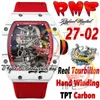 RMF 27-02 MENS Watch Real Tourbillon Mechanical Hand Winding TPT Quartz Fibre de carbone Cadaire squelette STRAP NYLON ROUGE 2023 Super Edition Sport Eternity Watches