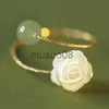 Bandringar Tillbehör för kvinnor Hotan Jade White Rose Flower Open Rings for Women Justerbar ring bröllopsfest smycken gåva Anillo Mujer J230817