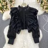 Women's Blouses French Chic Summer Women Lace Patchwork Long Sleeve Ruffles Female Blusas De Mujer Hollow Out Mesh Womens Tops Dropship