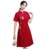 Ethnic Clothing Chinese Traditional Retro Improved Cheongsam Summer Young Short Sleeve Red Slim Qipao Wedding Dress CNY