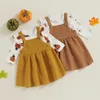 Flickans klänningar Baby Girls Outfits Pumpkin/Ghost Print Long Sleeves Romper and Corduroy Suspenders Dress Piece Clothes R230816