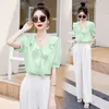 Kvinnors tvåbitar byxor 2023 Summer Women Pieces Suits Short Sleeve Floral Tops Long Wide Leg Trousers Lady 2 Sets