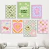 Colorful Danish Pastel toile peinture cerise plaid Paid Smiley Flower Butterfly Affiches roses esthétiques et imprimerie Art Wall Nursery Girl Bedroom Home Decor No Frame Wo6