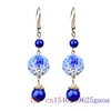 Dangle Ohrringe Blue Jade Blume 925 Silberzubehör Real Frauen Geschenk natürlicher Tropfen Chinesische Designer Schmuck geschnitzte Vintage Luxus