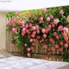 Tapestries Spring Flowers Wood Fence Tapestry Nature Pink Rose Plants Floral Wall Hanging Garden Window Natural Scenery Cloth Home Decor R230817