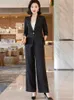 Dames tweedelige broek Black Women Pak in 2023 Elegante halve mouwblazer en brede been Kantoor Lady Business Formal 2 Pieces Sets