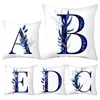 Kissen einfaches blaues Blatt Alphabet Druckkoffer 26 Buchstaben Dekoration Kissen Sofa Stuhl Wohnzimmer Polyester Wurfkissenbezug