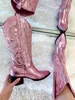 Kleidungsschuhe Metallic Cowboy Stiefel rosa westliche Cowgirls für Frauen spitzer Zeh Stapelte Mid Calf Brand Design gestickt 230816