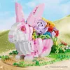 Blocks Creative Model Rabbit with Flowers Handmade Pink Bunny Decoration Centerpiece Gift for Easter Girls Birthday Special Gift 2023 R230817