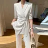 Damen zweisteuelhafte Hosen Sommerbüro Lady White Blazer Anzüge Frauen halbe Ärmel Schärpe Schnürmantel High Taille Wide Leg Mode Sets 2023