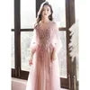 Etnik Giyim Kadınlar Pembe Aplike Uzun Gece Elbiseleri Zarif A-Line Tül Prom Gown Vestidos de Fiesta
