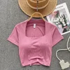 Kvinnors T -skjortor Sexig kort ärm Square Neck Slim Blue Elegant Korean Fashion Crop Top Shirt Summer Women Clothing