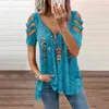 Dames t shirts zomer casusl v-neck zipper print stropdas geverfd t-shirt top holle korte mouw gedrapeerde dames straatmode