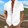 Mäns casual skjortor linne skjorta lös stativ krage kort ärm fast färg t-shirt sommaren stilig andningsbar