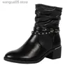 Boots Decor Pleated Cowboy Boots Women 2023 Autumn Pu Leather Chunky Heels Western Boots Woman Pointed Toe Black Ankel Booties T230817