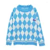 Women's Sweaters Oversized Sweater Women Argyle Plaid Pullover 2023 Autumn Winter Frayed Round Neck Fashion Lazy Oaf Pullovers Tops