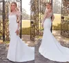 Modern White Satin Boho Mermaid Wedding Dresses Square Neck Sexy Illusion Long Sleeves Lace Applique Elegant Bridal Gowns Buttons Back Bride Reception Robes CL2728