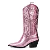 Kleidungsschuhe Metallic Cowboy Stiefel rosa westliche Cowgirls für Frauen spitzer Zeh Stapelte Mid Calf Brand Design gestickt 230816