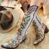 Boots Women Western Boots Fashion White Chunky Heels Pointed Toe Embroidered Slip On Cowgirl Boots Knee High Boots Lady Shoes 230816