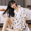 Kvinnors sömnkläder Summer Women Pyjamas Set Loose Casual Cardigan Top Shorts Two Piece Print Dot Silk Satin Home Clothes Loungewear