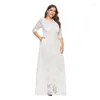 Casual Dresses Women 2023 Fashion 3/4 Sleeve O Neck White Lace Hollow Out Wedding Evening Cocktail Prom Long Maxi Dress with Pocket XL-6XL