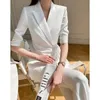 Damen zweisteuelhafte Hosen Sommerbüro Lady White Blazer Anzüge Frauen halbe Ärmel Schärpe Schnürmantel High Taille Wide Leg Mode Sets 2023