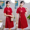 Ethnic Clothing Chinese Traditional Retro Improved Cheongsam Summer Young Short Sleeve Red Slim Qipao Wedding Dress CNY