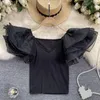 Women's T Shirts For Women Solid V-Neck Petal Sleeve Gauze Summer Streetwear High Strecth Korean Fashion Ladies Tops Pullover Drop