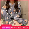 2022 Winter Flannel Pyjamas Cartoon Long Sleeve Coral Fleece Warm Sleepwear Long Wear Women Pajamas Animal Pajamas x0817