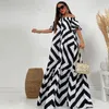 Casual Dresses Women Pink Diagonal Collar Strip Print Loose Fashion Puff Short Sleeve High Street Robe Off Shoulder Long Dress