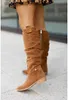 Stövlar Kne High Boots 2022 New Fashion Autumn Winter Retro Woman Booties Low Heel Side Zip Size 43 Suede Lår High Women's Boots T230817