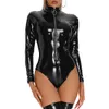 Sexy Set 5XL Shiny PVC Leather Leotard For Women Porn Zipper Open Breast Exposing Wetlook sheath Latex Bodysuit Long Sleeve Sexi 230817