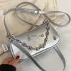 Hobo Fashion Silvery Hobo Armpit Bags PU Leather Shoulder Bag For Women Black Bag Chains Crossbody Bag Luxury Designer Handbag Purse HKD230817