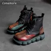 Boots Comemore Women's Boots Fashion Chelsea Boot Vintage Short Leather Ankle Boots Autumn Winter 2022 New Leather Patchwork Platform T230817