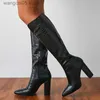 Boots 2023 Hiver Knee High Boots Femme Black Square Talons Sexy Fashion Snake Imprimer en cuir pointu Point Zip Dames Chaussures Chunky Size42 T230817