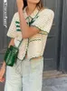 Женские трикотажные трикотаж Tees Showmirror Retro Green Stripe Knoted Cardigan Tops Женщины пуговица с коротки