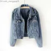 Damesjacks damesjacks 2021 Autumn Pearl Beading Crop Denim Women Casual Jeans Bomber Jacket Long Sleeve jas plus size uitklapen ED Z230818