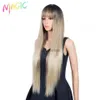 Synthetic Wigs Magic 34inches Synthetic Straight Long Wig With Bangs Ombre Black Blonde Wig For Women Daily Use Heat Resistant Fiber Hair HKD230818