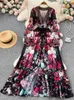 기본 캐주얼 드레스 패션 런웨이 화려한 꽃 치프 캐스케이딩 주름 장식 주름 장식 여자 깊은 V 목 긴 소매 꽃 인쇄 보호 로브 vestido 230818