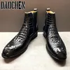 Boots Luxury Men Ankle Shoes Black Brown Printed Zipper Chelsea Double Buckle Genuine Leather Dress Mens 230817