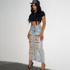 Skirts Distressed Denim Blue For Woman Sexy Summer With Slit Streetwear Jean Tassels Long Skirt Hollow Out Fashion Dress 230817