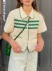 Женские трикотажные трикотаж Tees Showmirror Retro Green Stripe Knoted Cardigan Tops Женщины пуговица с коротки