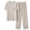 Mäns Sleepwear 2023 Summer Knited Cotton Nightgown Men Pyjamas Set Long Pants Kort ärm Nattkassor Nightshirt Plus -hemkläder