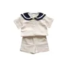 Kledingsets Japanse en Korean Bear Mood Navy Style Kids Sailor Collar Cotton Linen T Shirt broek 2pcs Zomerkleding Set jongens Girls Suit 230818