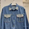 Camicette da donna camicia in denim blu sciolto per donne 2023 tessuto autunno in stile coreano girare collare busas di strass per industria pesante