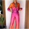 Women's Two Piece Pants Casual Tie Dye 8 Color Straight Pant Sets Colorful Gradient Satin Long Sleeve Shirt Wide-leg Streetwear 2 Women