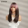 Synthetische pruiken Emmor Synthetische pruiken Ombre roze bruine pruik met pony gelaagde haarcosplay Dagelijkse feest Natuurlijke hittebestendige pruiken voor vrouwen HKD230818