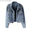 Damesjacks damesjacks 2021 Autumn Pearl Beading Crop Denim Women Casual Jeans Bomber Jacket Long Sleeve jas plus size uitklapen ED Z230818